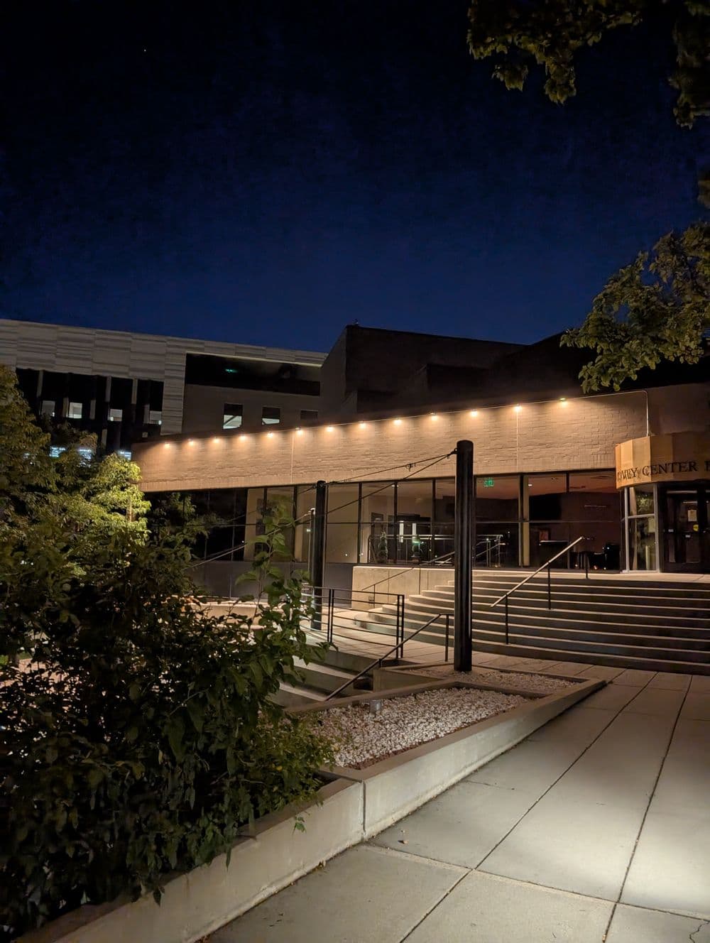Illuminated building entrance with modern architecture surrounded by greenery at night.